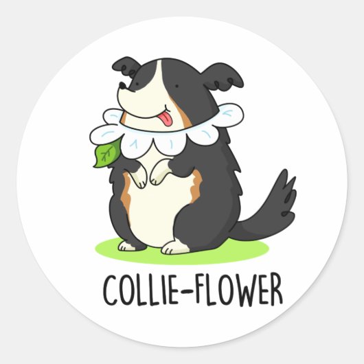Sticker Rond Collie-flower Funny Bordure Collie Chien Pun (Devant)