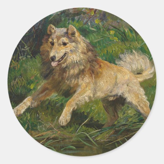 Sticker Rond Collie prend une grenouille par Hermine Biedermann (Devant)