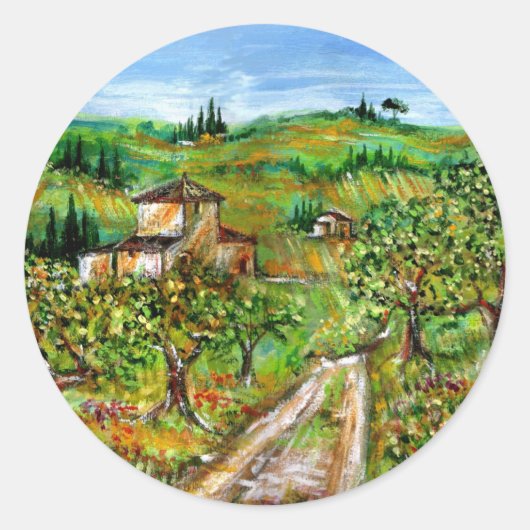 STICKER ROND COLLINES VERTES ET OLIVIERS DANS LE PAYSAGE TOSCAN (Devant)