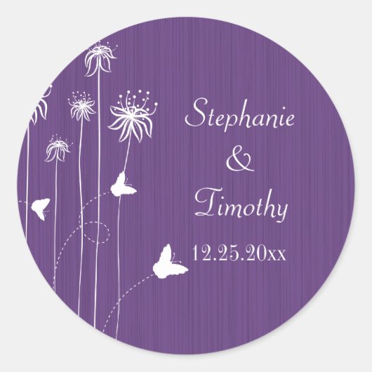 Sticker Rond Colonne de mariage fleuri à papillon prune (Devant)