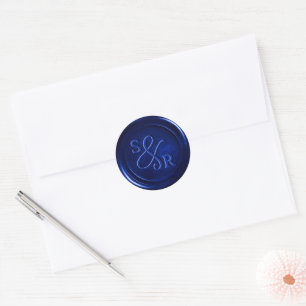 Sticker Rond Colonne de sceau de cire bleu royal avec initiales