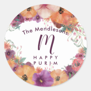 Sticker Rond Colorant floral Happy Purim