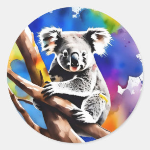 Sticker Rond Coloré Koala Bear Aquarelle Splash,