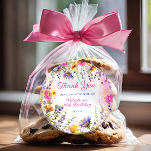 Sticker Rond Coloré rose Floral Anniversaire Tea Party Merci