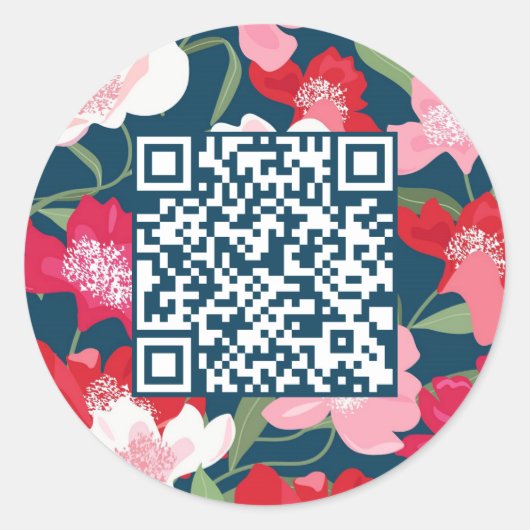Sticker Rond Coloré Rouge Floral QR Code Bleu (Devant)