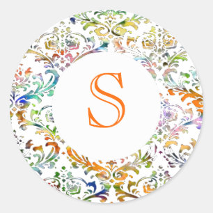Sticker Rond Colorful Damask Monogramme personnalisable
