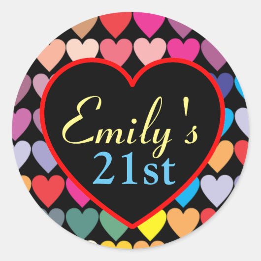 Sticker Rond Colorful Rainbow Hearts Pattern Personalised 21st (Devant)