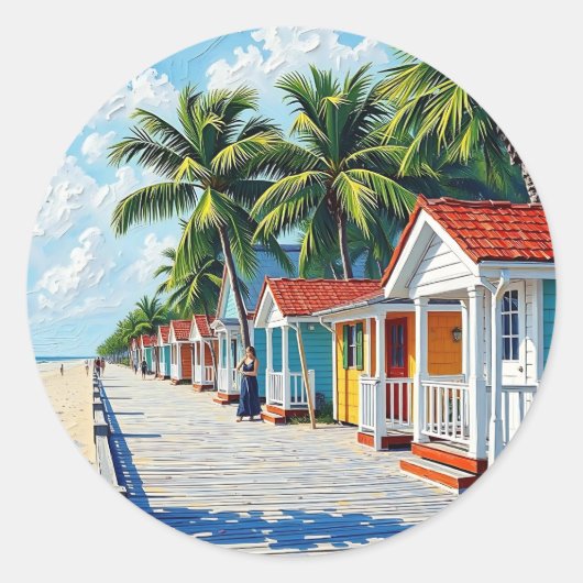 Sticker Rond Colorful Tropical Vibrant Beach Huts (Devant)
