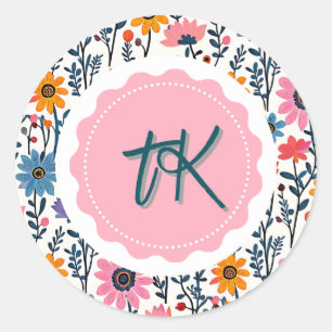Sticker Rond Colorful Whimsical Folk Art Floral Monogramme