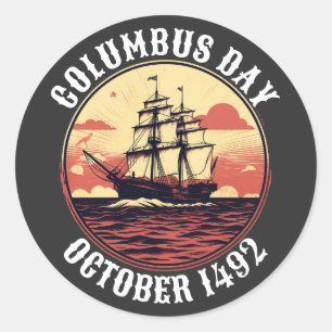 Sticker Rond Columbus Day Bateau à voile Coucher de soleil Vint