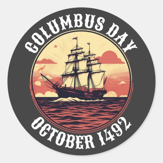 Sticker Rond Columbus Day Bateau à voile Coucher de soleil Vint (Devant)