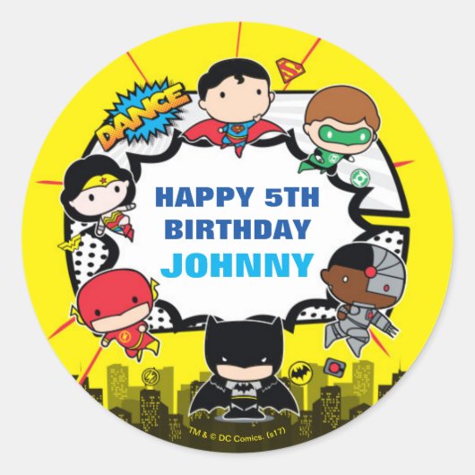 Sticker Rond Comics DC | Justice League - Anniversaire de Chibi (Devant)