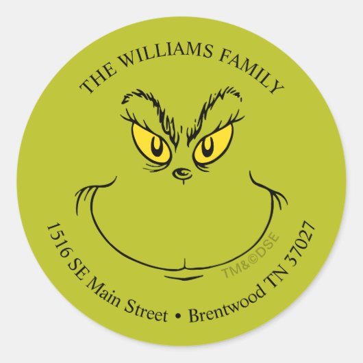 Sticker Rond Comment Grinch Stole Visage de Noël - Adresse (Devant)