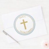 Sticker Rond Communion bleu avec Pois d'or (Enveloppe)