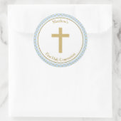 Sticker Rond Communion bleu avec Pois d'or (Sac)