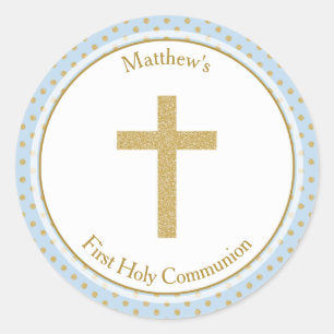 Sticker Rond Communion bleu avec Pois d'or