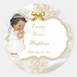 Sticker Rond Communion de bébé fille Baptême Croix dorée Ethniq