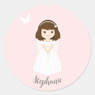 Sticker Rond Communion Dove Brunette Girl