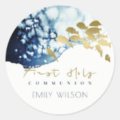 STICKER ROND COMMUNION SOLENNELLE POISSONS SOUS-MARINS NAVY OR (Devant)