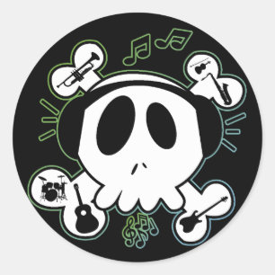 STICKER ROND COMPLEXE ET CROSSBONNES AVEC TÉLÉPHONE EN TÊTE