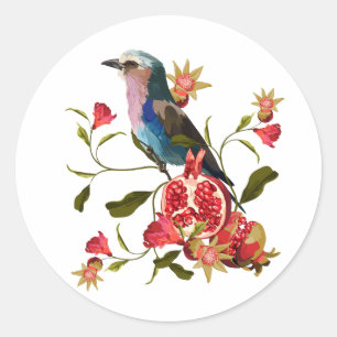 Sticker Rond Composition de fruits d'oiseaux et de grenades.