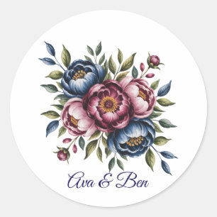 Sticker Rond Composition florale de mariage bordeaux, marine et