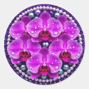 Sticker Rond Composition florale d'orchidées violettes circulai