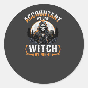 Sticker Rond Comptable Halloween le jour Sorcière la nuit Desig