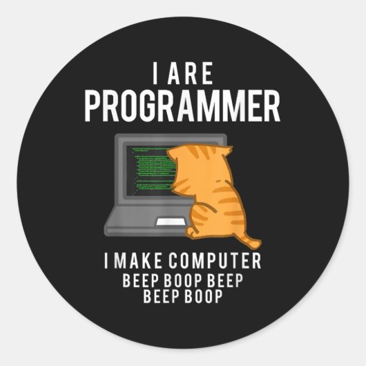 Sticker Rond Computer Cat Programmer Funny Coder Meme (Devant)