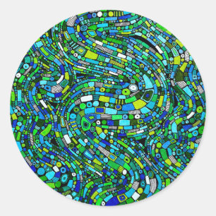 Sticker Rond Conception Abstraite Formes Vagues Bleues Vertes