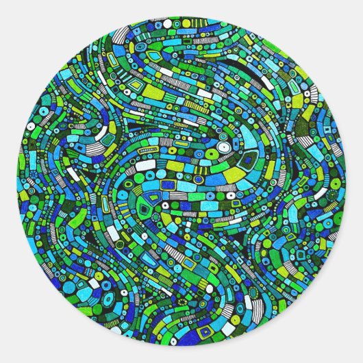 Sticker Rond Conception Abstraite Formes Vagues Bleues Vertes (Devant)