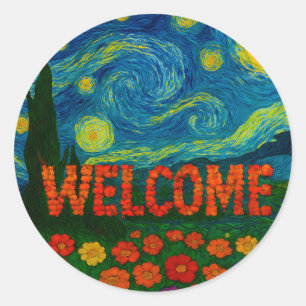 Sticker Rond Conception artistique florale de nuit étoilée