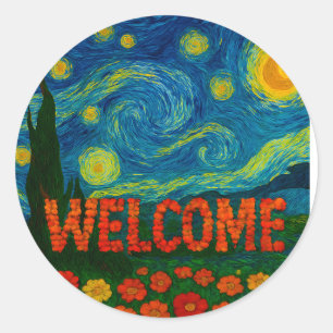 Sticker Rond Conception artistique florale de nuit étoilée