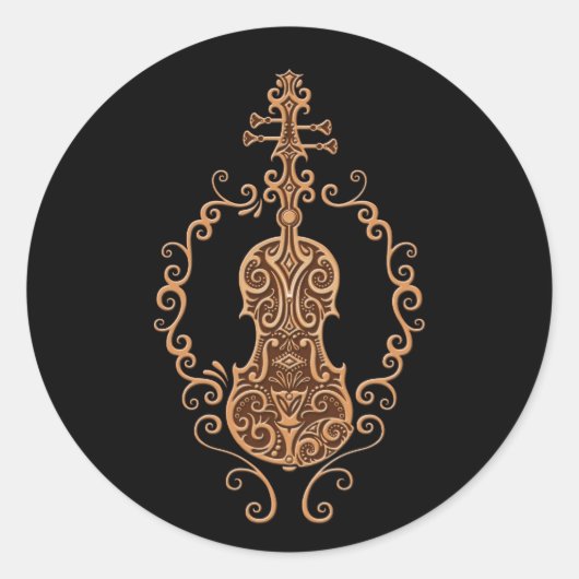 Sticker Rond Conception complexe de violon Brown sur noir (Devant)