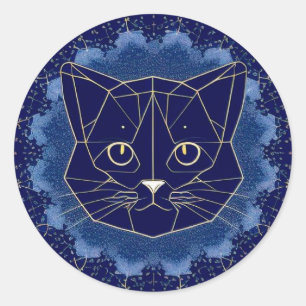 Sticker Rond Conception de chat géométrique entourée d'étoiles 