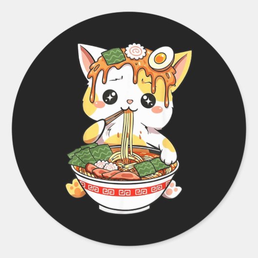 Sticker Rond Conception de chat Ramen style Kawaii drôle d'anim (Devant)