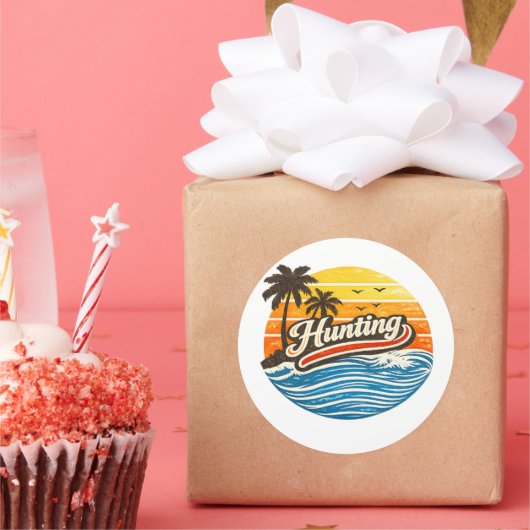 Sticker Rond Conception de coucher de soleil rétro de chasse (Fête)