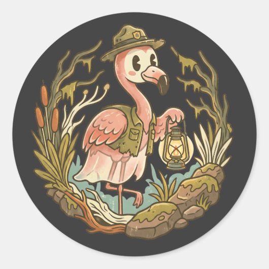 Sticker Rond Conception de flamant rose rétro effrayant des mar (Devant)