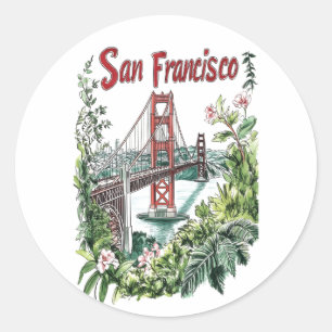 Sticker Rond Conception de l'aquarelle du pont du Golden Gate d