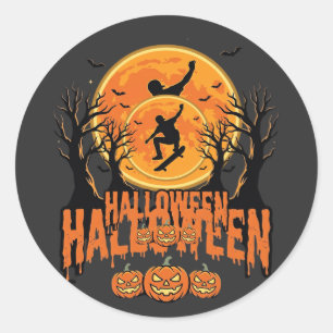 Sticker Rond Conception de lune de skateboard d'Halloween Hallo