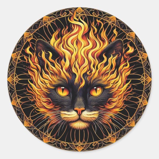 Sticker Rond Conception de Mandala de chat de feu mystique (Devant)