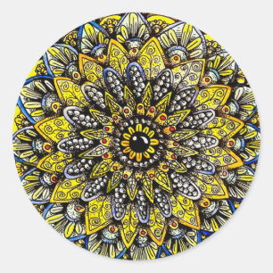 Sticker Rond Conception de mandala dessinée à la main jaune ver