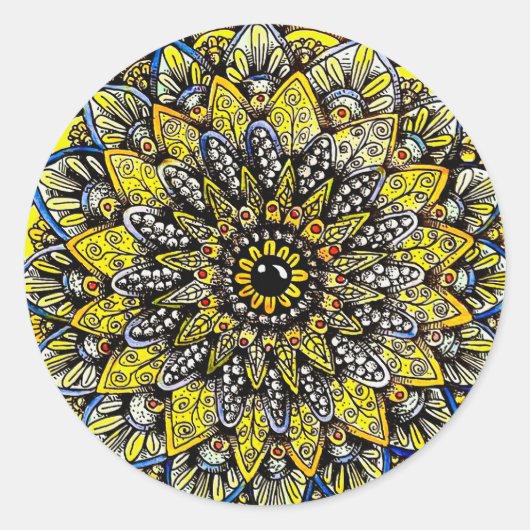 Sticker Rond Conception de mandala dessinée à la main jaune ver (Devant)
