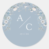 Sticker Rond Conception de monogramme botanique bleu poussiéreu (Devant)