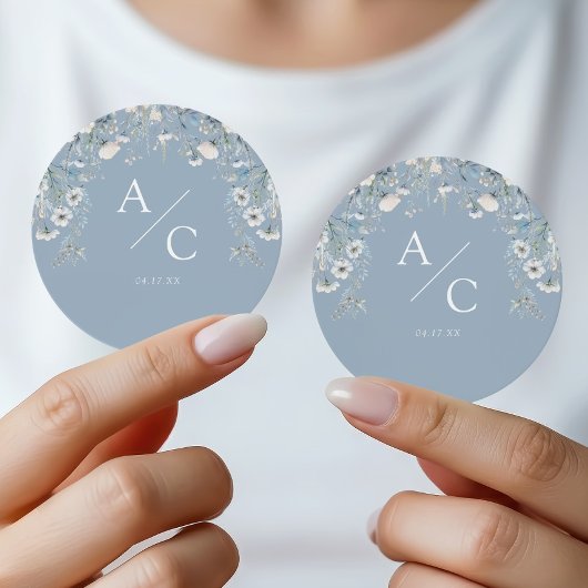 Sticker Rond Conception de monogramme botanique bleu poussiéreu