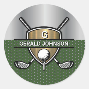 Sticker Rond Conception de monogramme de golf avec bouclier dor