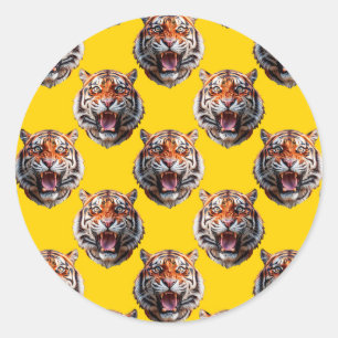Sticker Rond Conception de motif de tête de tigre jaune