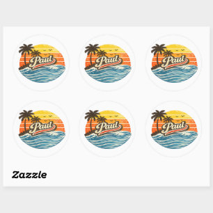 Sticker Rond Conception de nom de Paul au coucher du soleil rét
