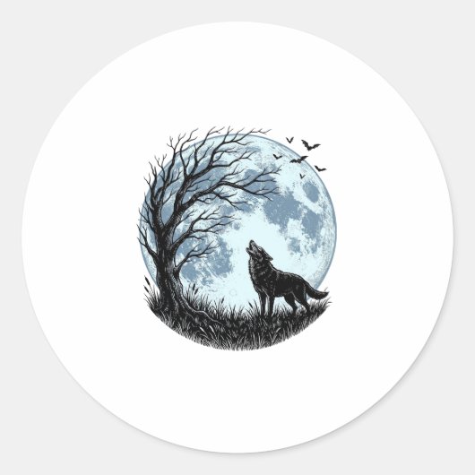 Sticker Rond Conception de silhouette d'arbre de lune hurlant d (Devant)