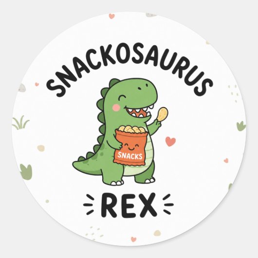 Sticker Rond Conception de snack de Snackosaurus Rex, dinosaure (Devant)